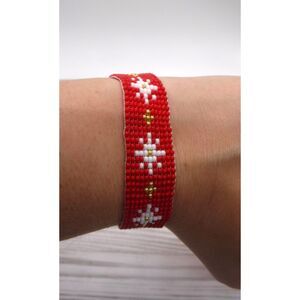 Loom Beaded Bracelet Red w/ Snowflakes